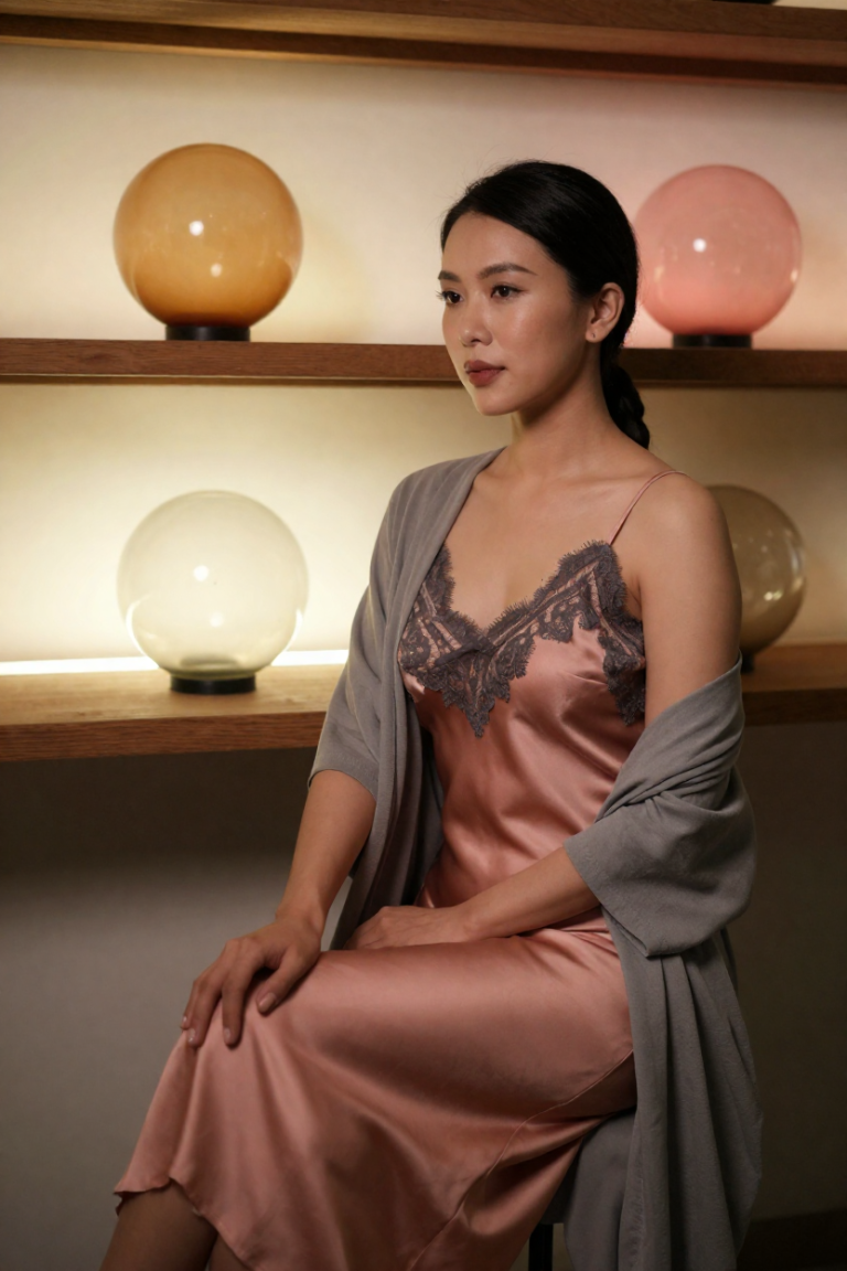 Noor in a rose silk slip dress seated by the glass orb shelf at FuliShuangsq